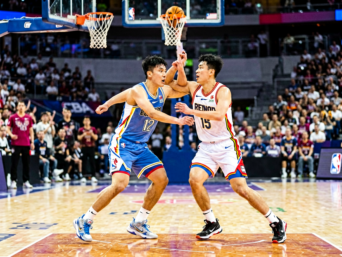 CBA篮球联赛赛场画面，球员激烈对抗瞬间